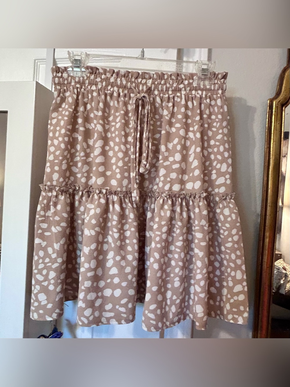 Tiered Drawstring Midi Skirt - Beige/taupe with White Spot Print